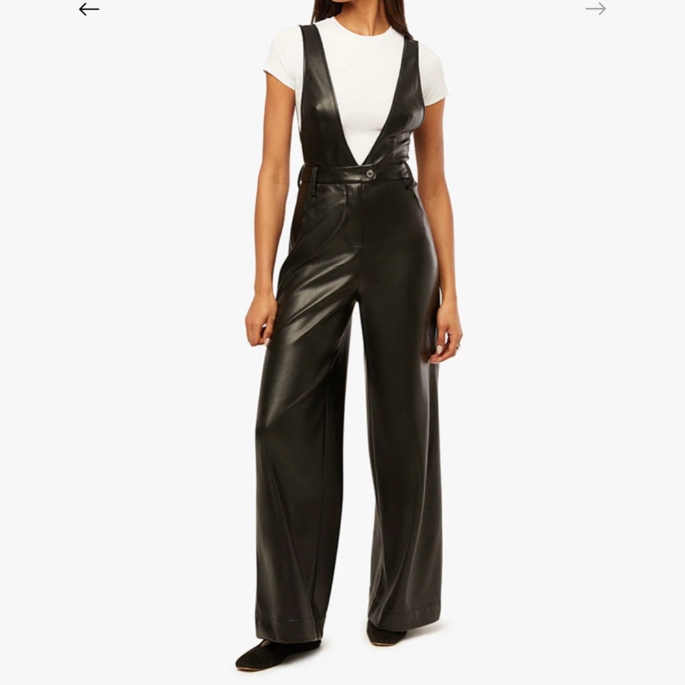 Deep V Flare Vegan Leather Black Overalls